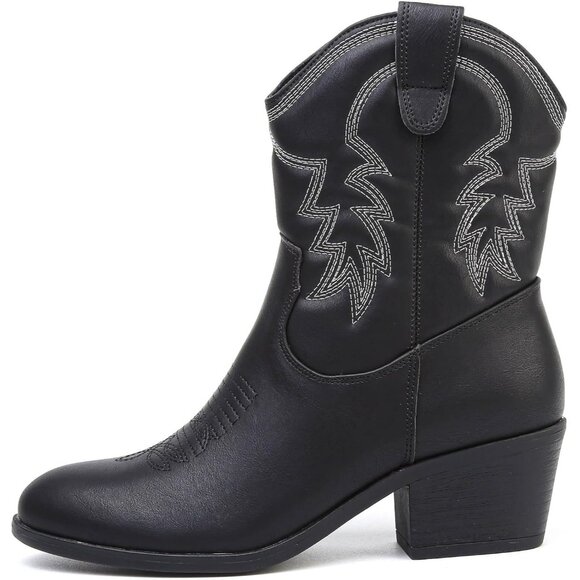 Todaysunny Women Black Western Femme Cowboy Calf Ankle Booties With Side Zip - Picture 2 of 5
